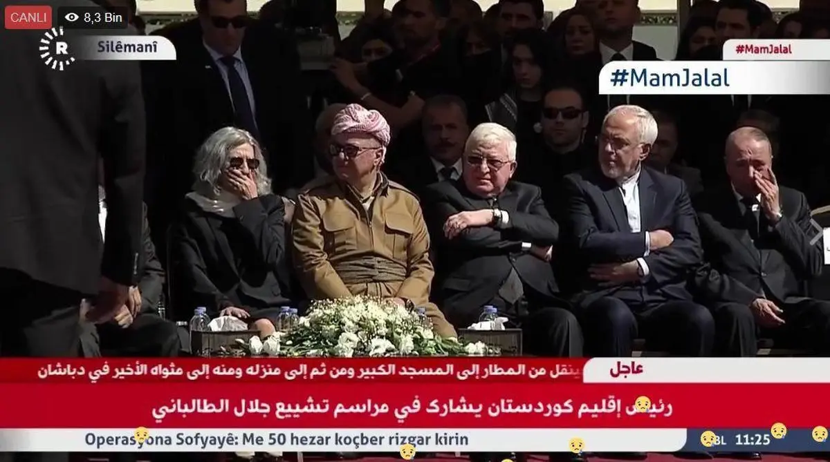 تصویری از همنشینی ظریف، فواد معصوم و بارزانی در مراسم تشییع مام جلال