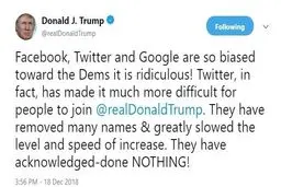 انتقاد ترامپ از فیس‌بوک، توئیتر و گوگل + متن