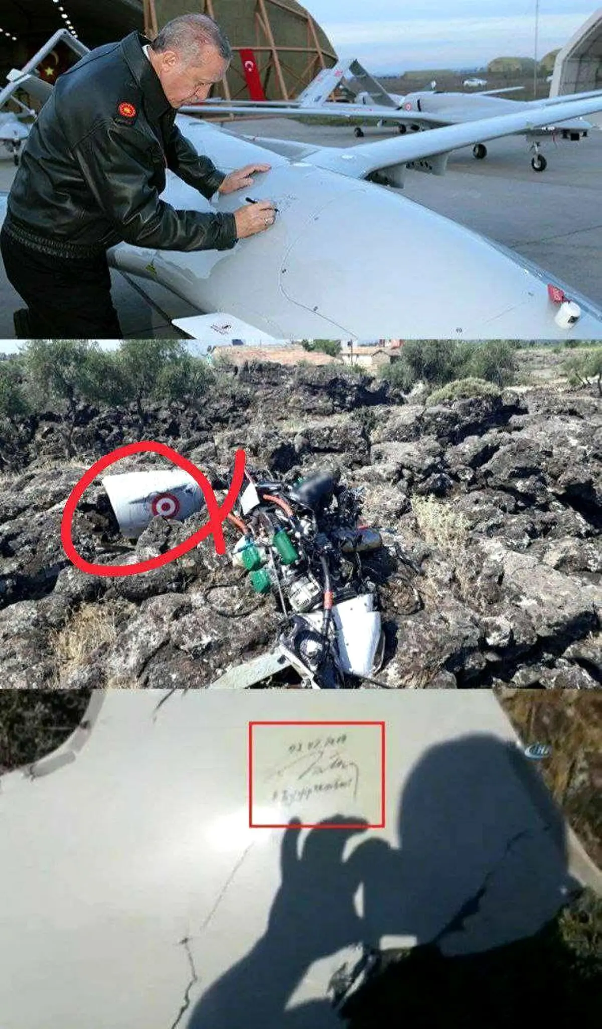تصویری از امضای اردوغان بر روی پهپاد هدف قرار گرفته ترکیه در سوریه