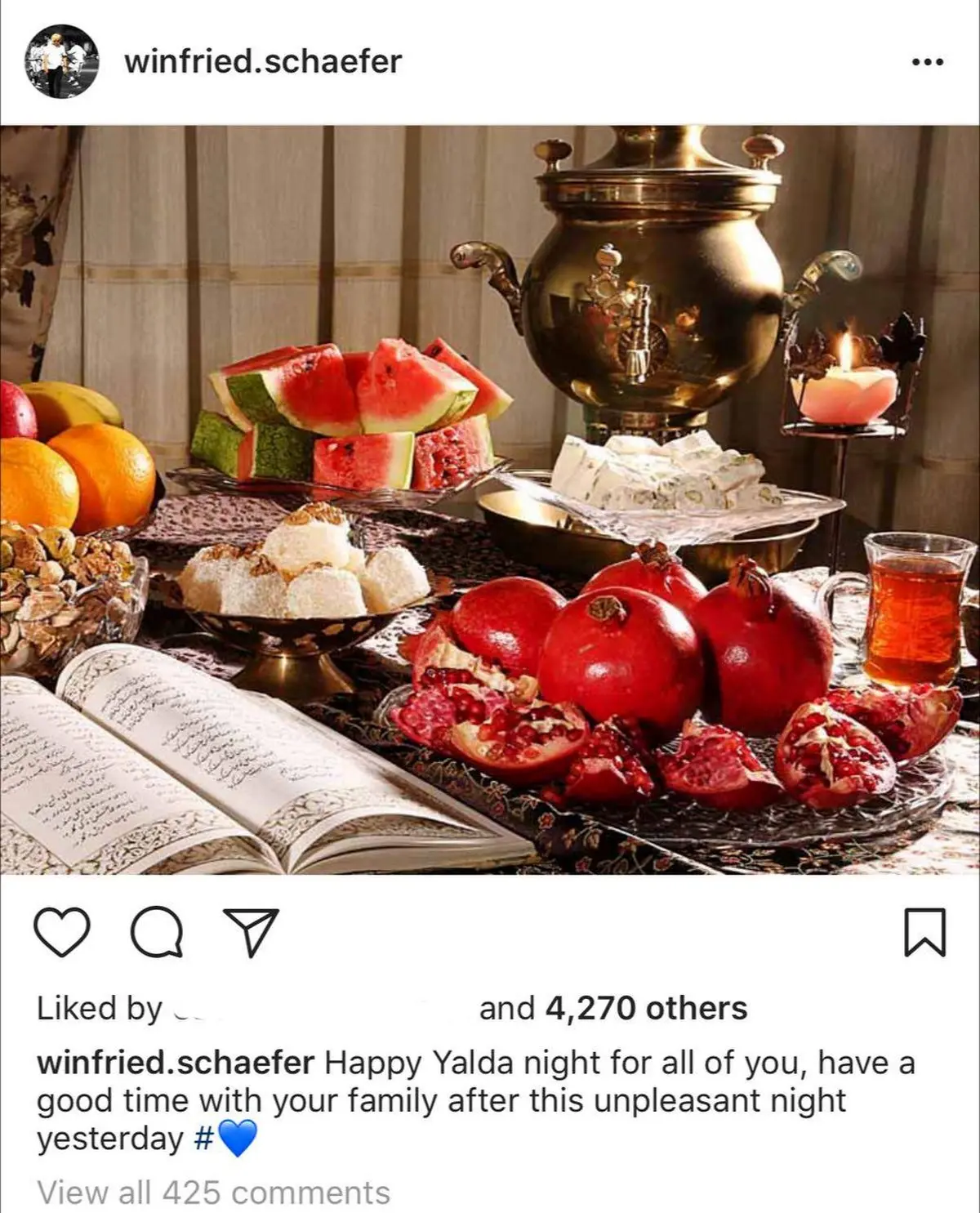 تبریک اینستاگرامی شفر به مناسبت یلدا/عکس