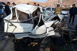 پراید بین کامیون و اتوبوس مچاله شد +عکس