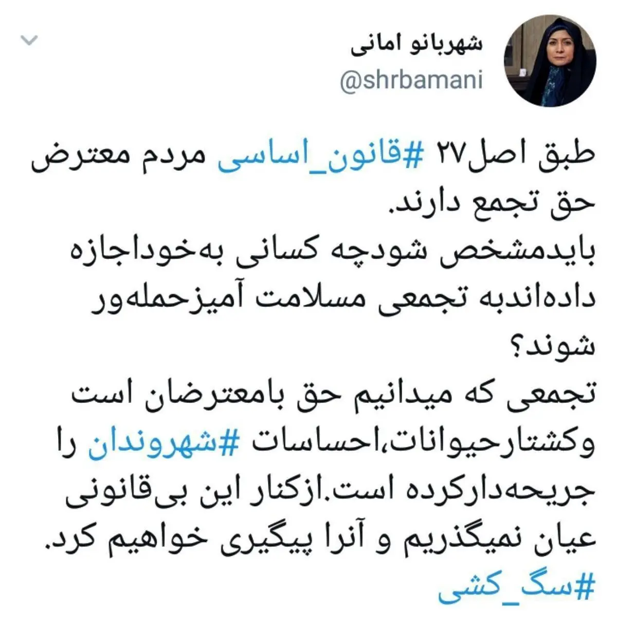 شهربانو امانی، عضو شورای شهر تهران‏: طبق اصل۲۷ ‎قانون اساسی مردم معترض حق تجمع دارند