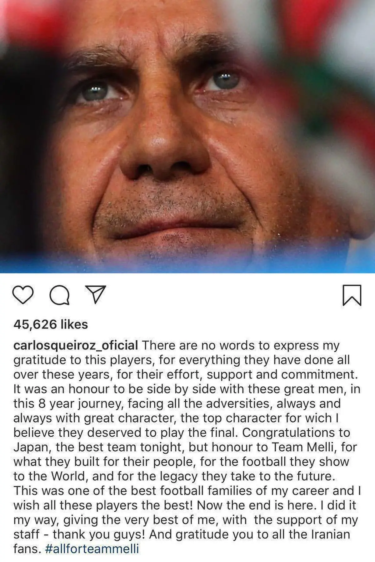 پست اینستاگرامی کارلوس کی‌روش و خداحافظی از فوتبال ایران/ عکس