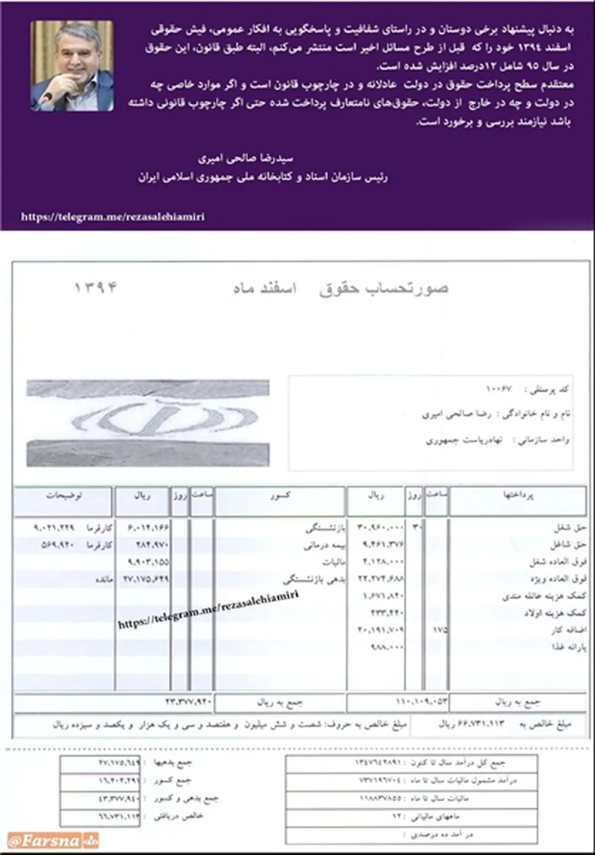 فیش حقوقی رئیس کتابخانه ملی/ عکس
