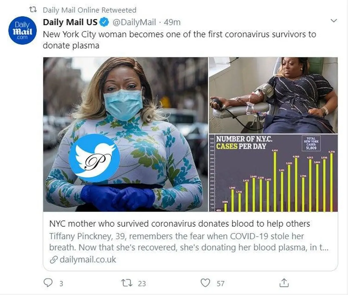 توئیت: حرکت انسان دوستانه اولین نیویورکی بهبود یافته از کووید 19