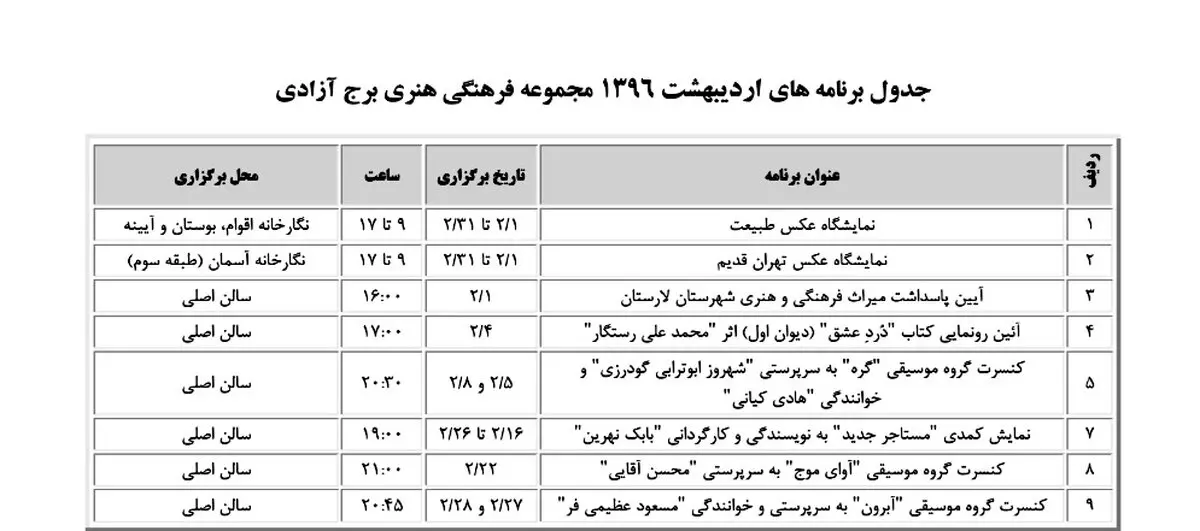 میزبانی برج آزادی از سه کنسرت موسیقی در اردیبهشت