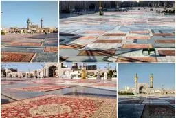 مفروش کردن صحن‌های حرم مطهر رضوی طبق پروتکل‌های بهداشتی + عكس