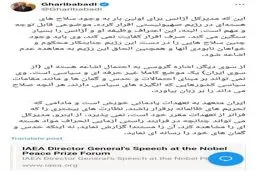 واکنش  غریب آبادی به اعتراف گروسی درباره سلاح‌های هسته‌ای اسرائیل