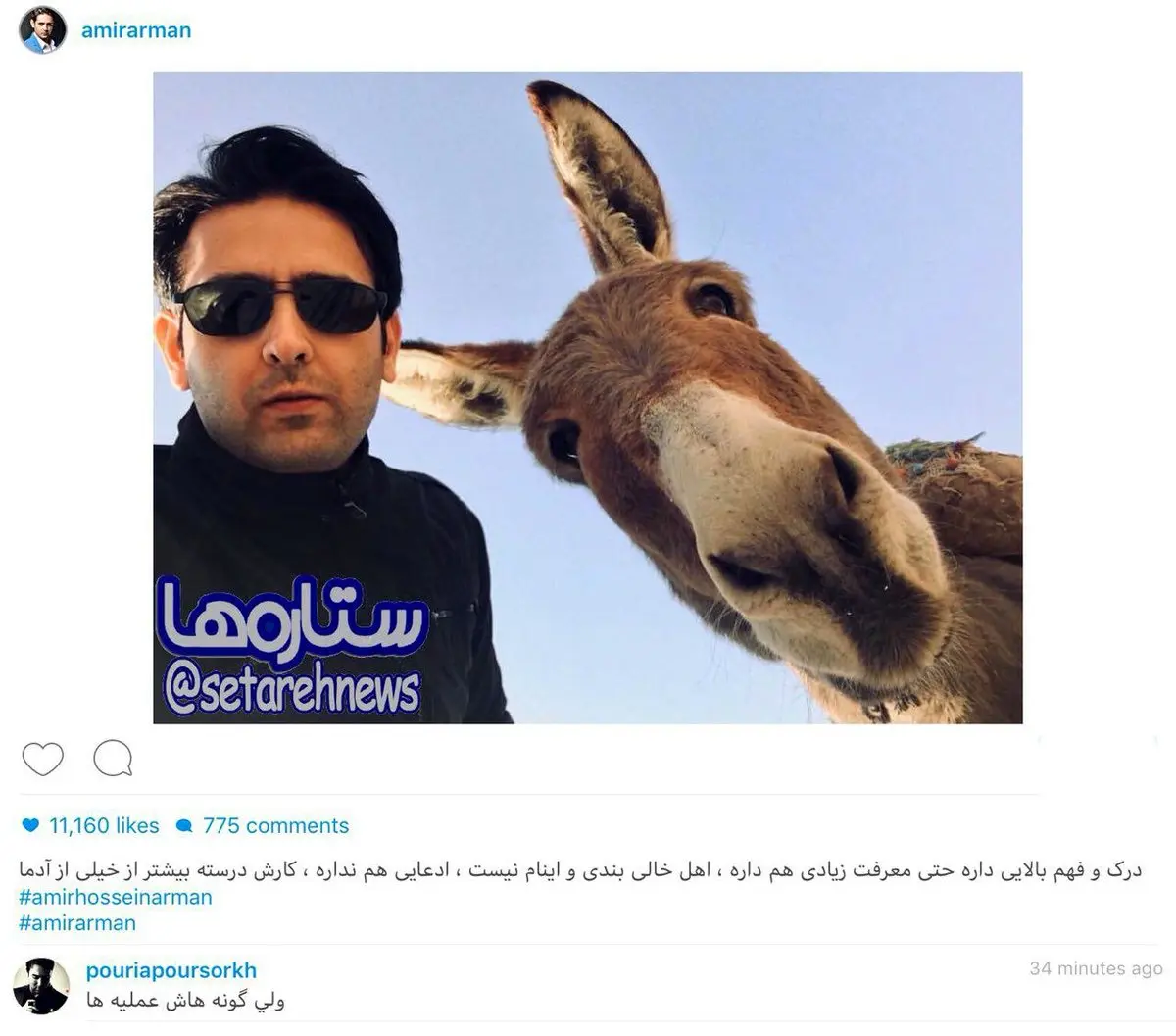 سلفی امیرحسین آرمان با یک الاغ/عکس