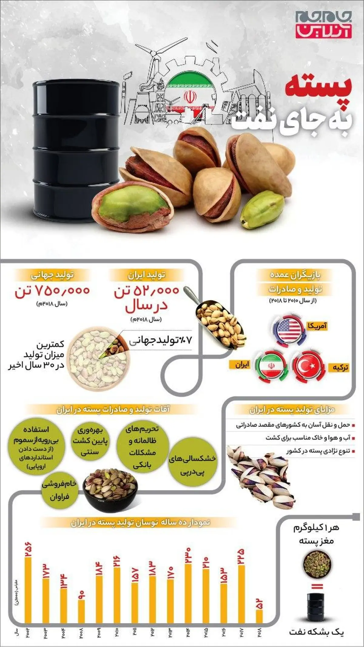 درآمد حاصل از یک کیلوگرم مغز پسته مساوی ارزش یک بشکه نفت! + اینفوگرافی