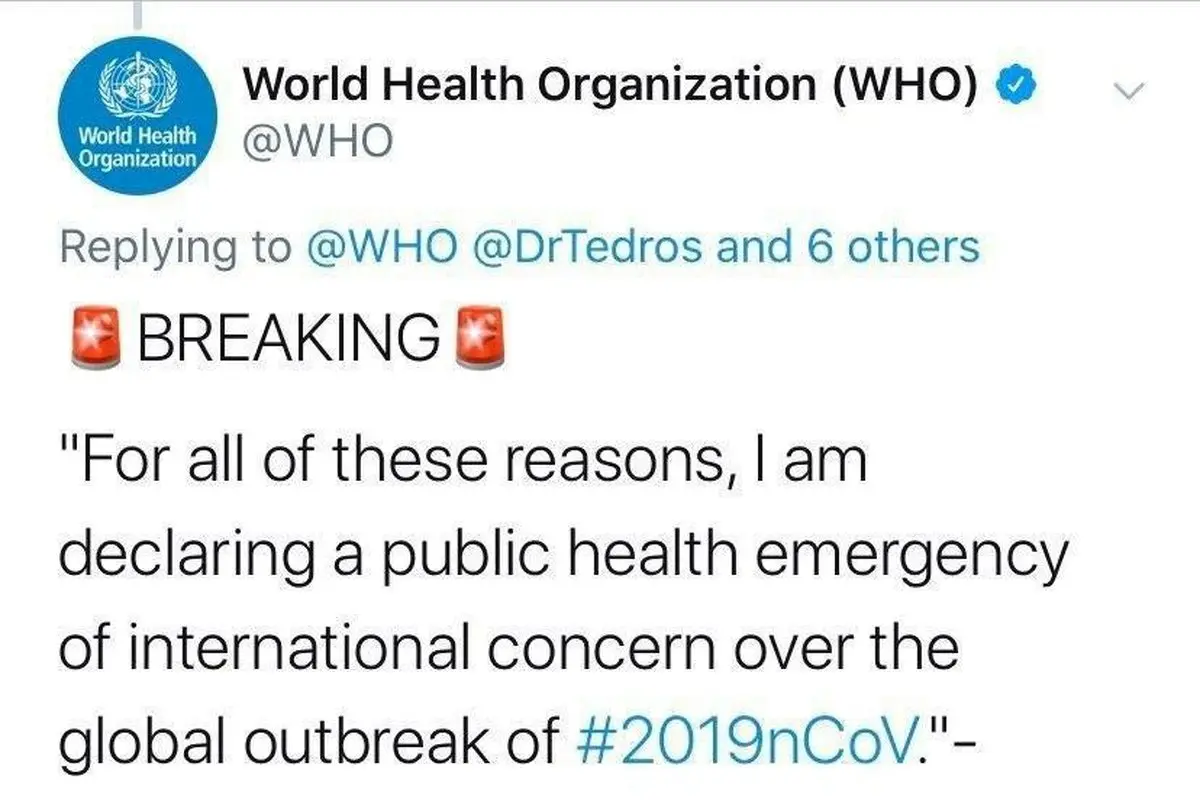 اعلام کروناویروس به‌عنوان یک وضعیت اضطراری بهداشتی جهانی