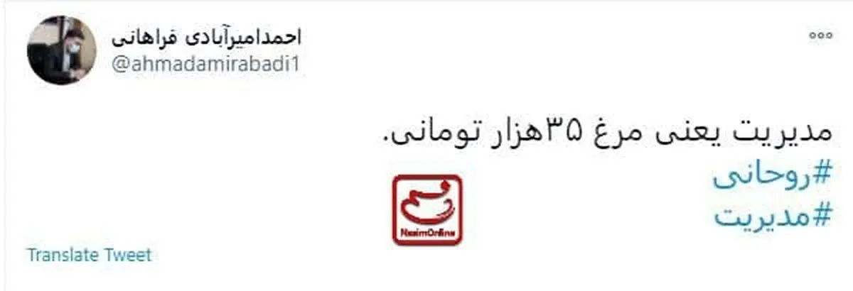 کنایه سنگین امیرآبادی به روحانی: مدیریت یعنی مرغ ۳۵هزار تومانی + توئیت