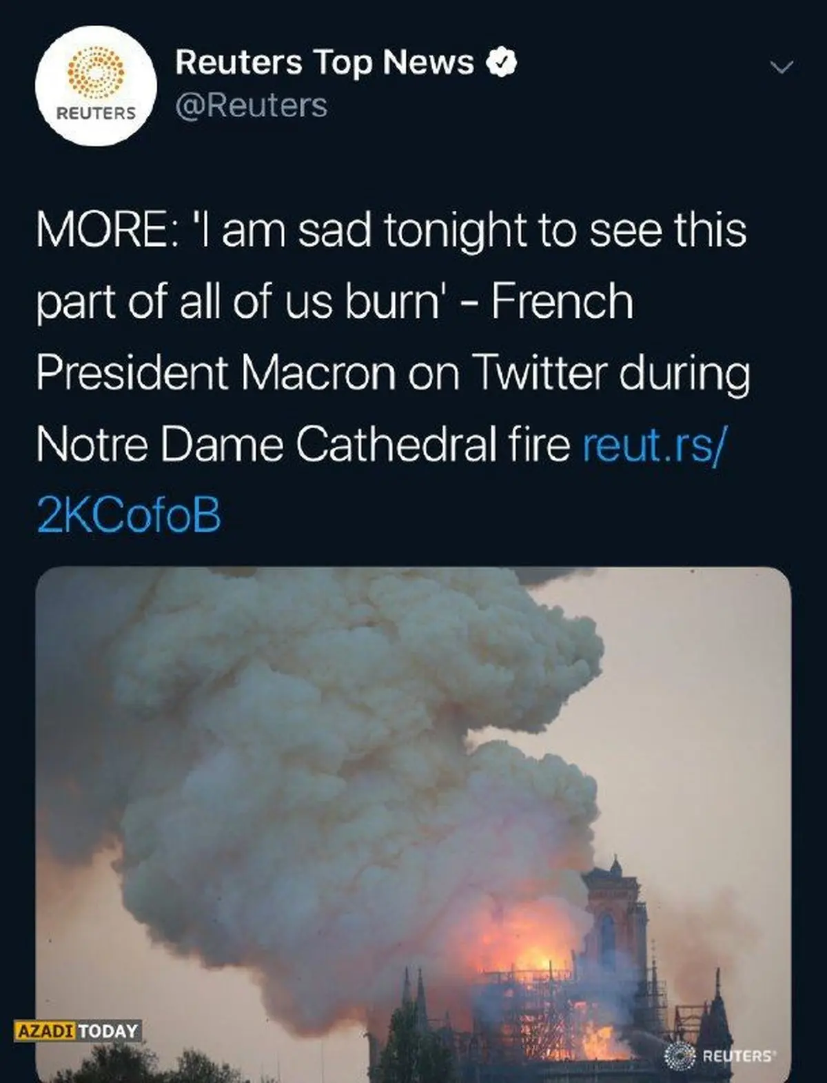 عکس/ واکنش رییس جمهور فرانسه به آتش سوزی کلیسا