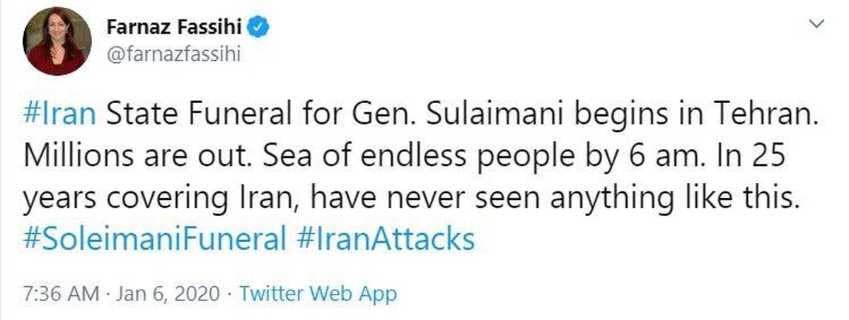 بازتاب جهانی مراسم تشییع سردار سلیمانی در تهران