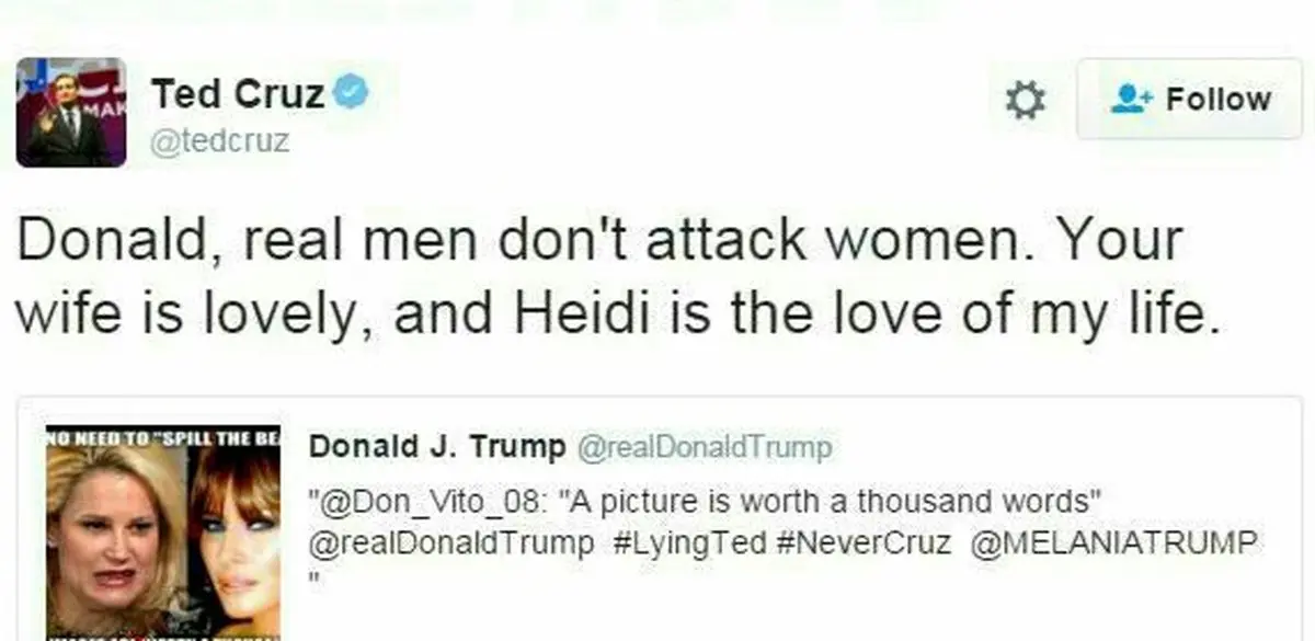 واکنش تد کروز به انتشار عکسی تمسخرآمیز از همسرش در توئیتر ترامپ/ عکس