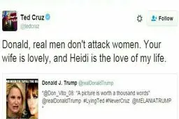 واکنش تد کروز به انتشار عکسی تمسخرآمیز از همسرش در توئیتر ترامپ/ عکس