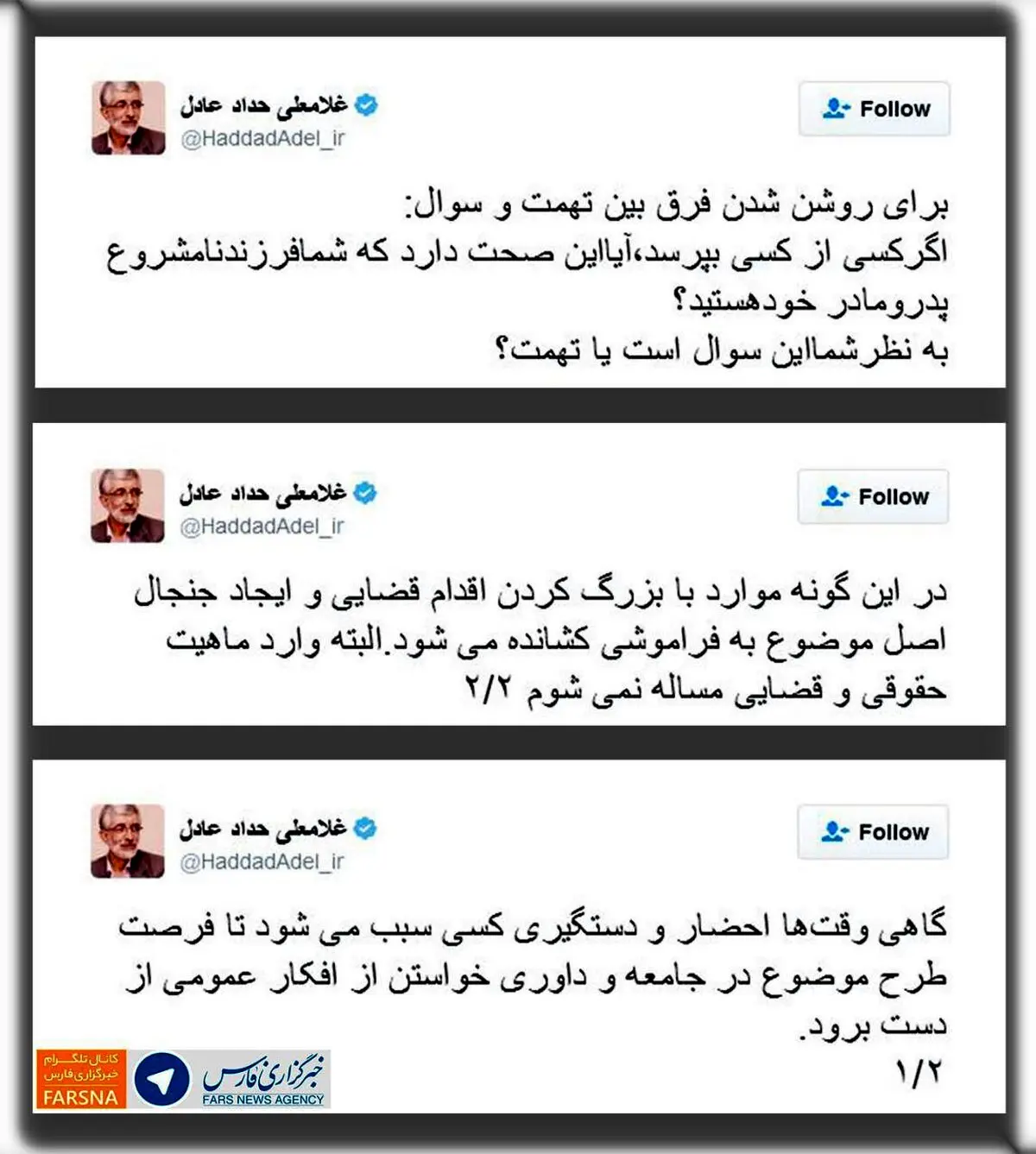 اشتباه عجیب حدادعادل در انتقاد از نماینده تهران:مگر می شود کسی فرزند نا مشروع پدر و مادر خود باشد؟!