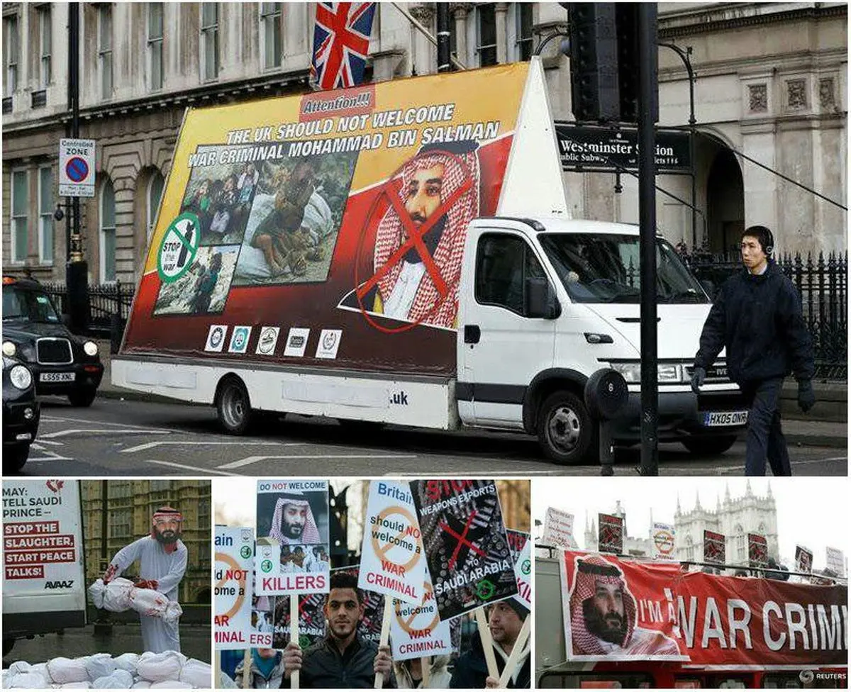 شعار تظاهرکنندگان انگلیسی علیه ولیعهد جنجالی عربستان؛ از قاتلان مردم یمن در لندن استقبال نمی شود /محمد بن سلمان «جنايتکار جنگی» است