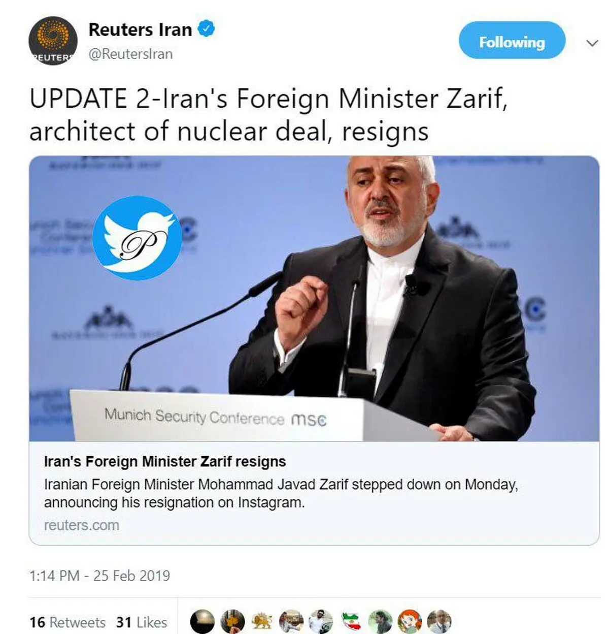 واکنش جالب رویترز به استعفای ظریف