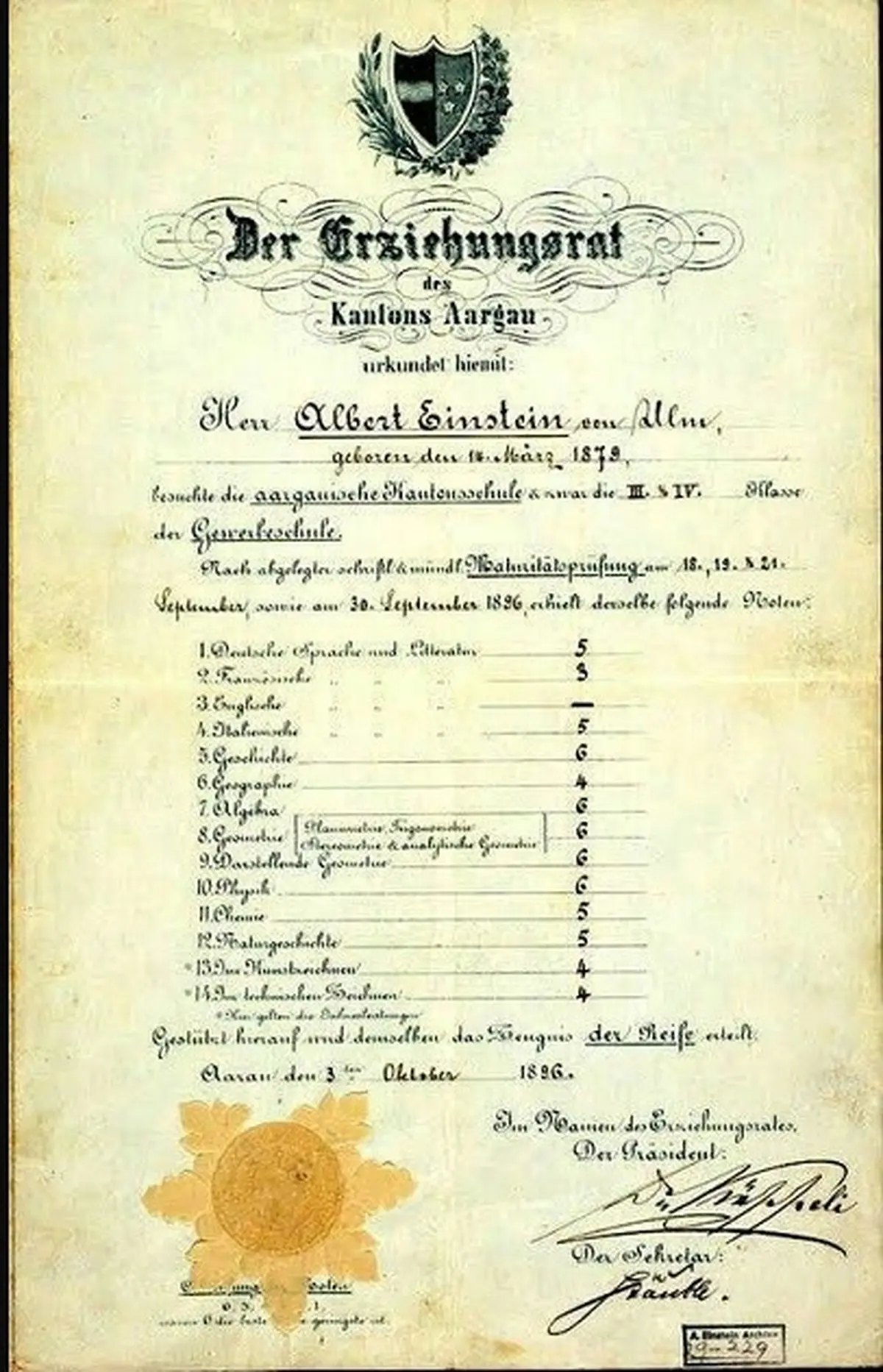 کارنامه تحصیلی انیشتین