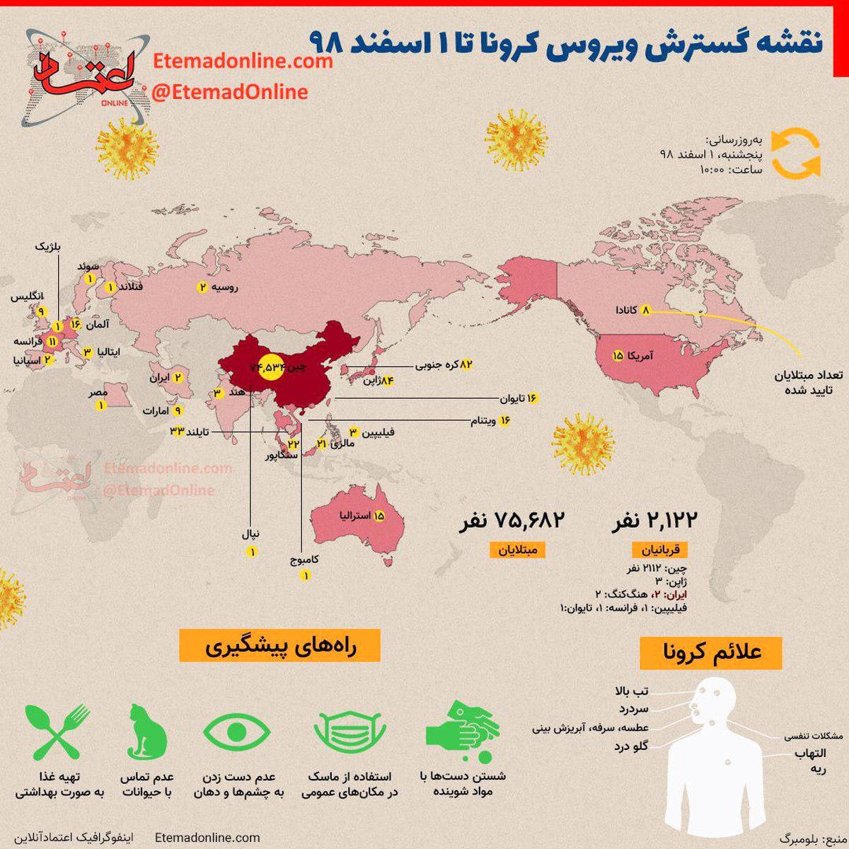 نقشه گسترش ویروس کرونا تا 1 اسفند 98 +‌اینفوگرافی