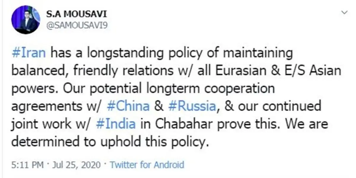 موسوی: مصمم به حفظ روابط دوستانه با چین و روسیه هستیم