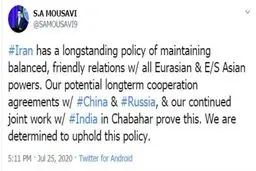 موسوی: مصمم به حفظ روابط دوستانه با چین و روسیه هستیم