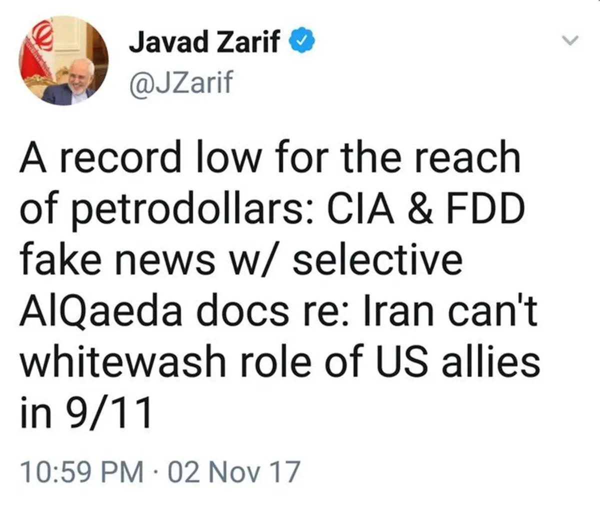 واکنش وزیر امور خارجه در خصوص اسناد ادعایی آمریکا از ارتباط ایران با القاعده