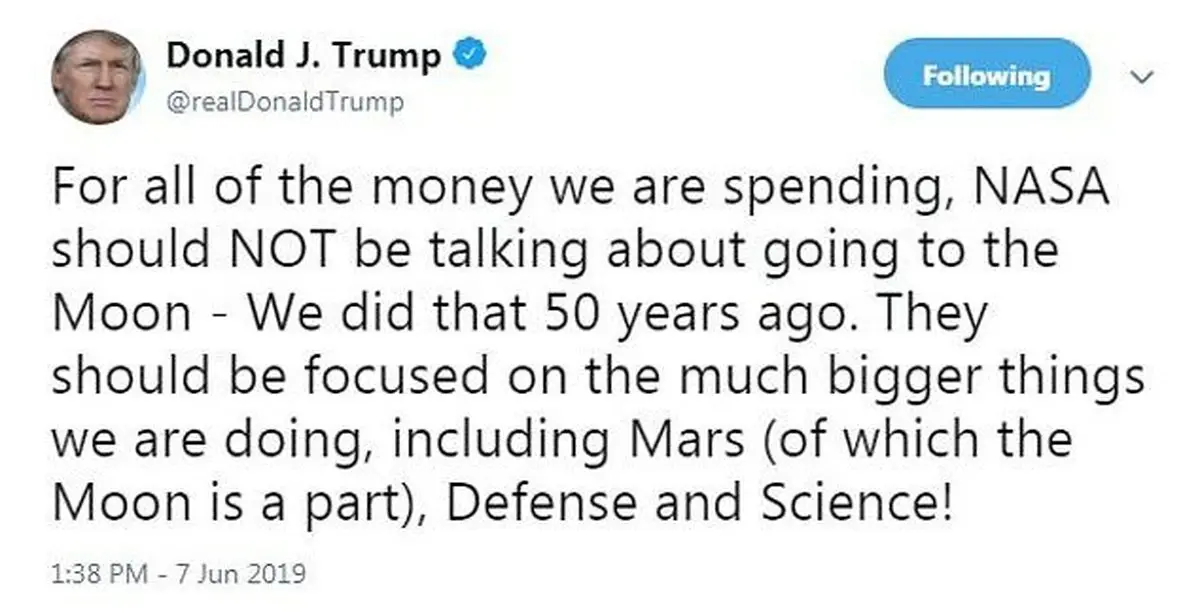 پیام عجیب ترامپ خطاب به ناسا: ماه را رها و روی مریخ تمرکز کنید! + توئیت