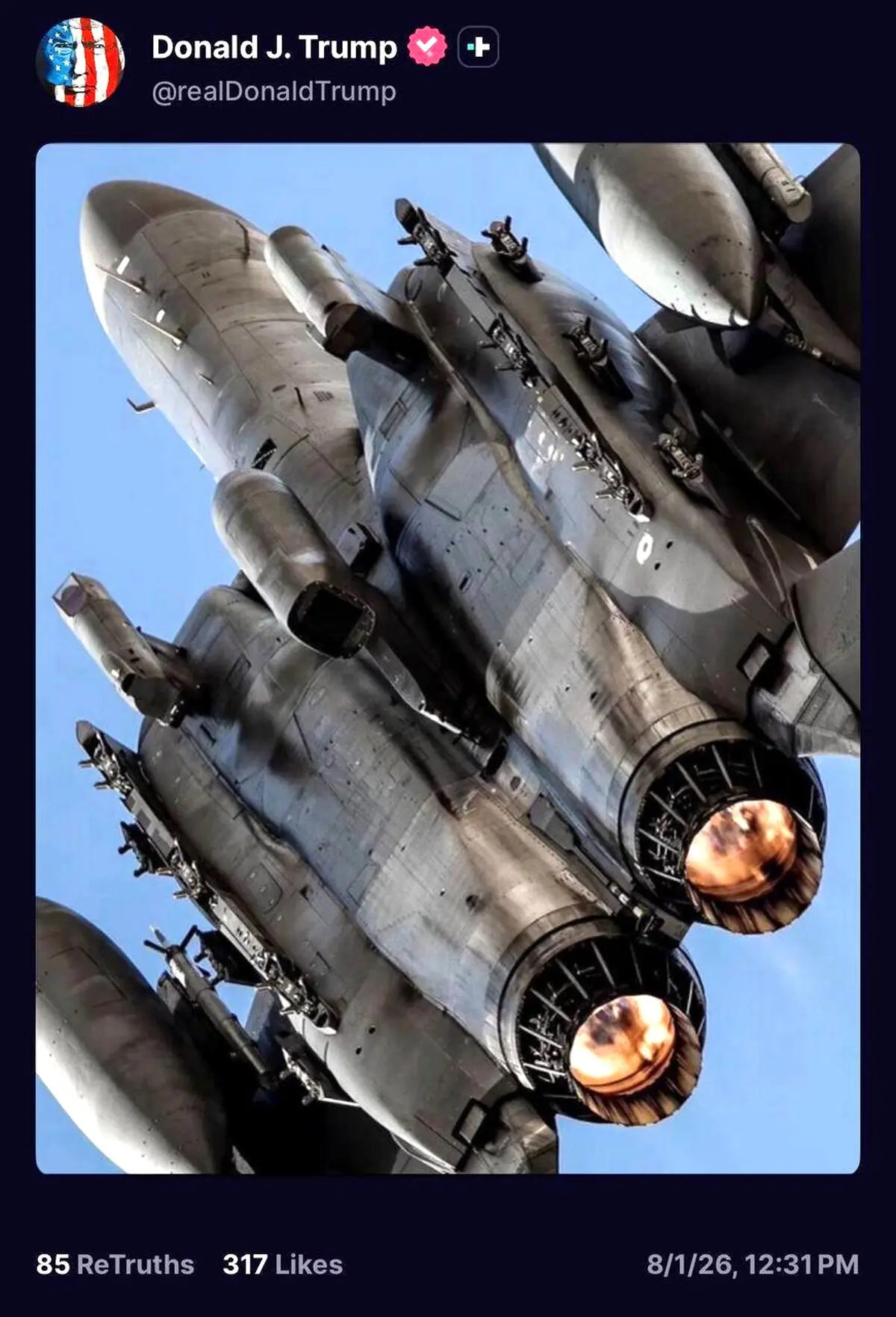 تصویر جنجالی یک جنگنده F-15 در پست بدون شرح ترامپ
