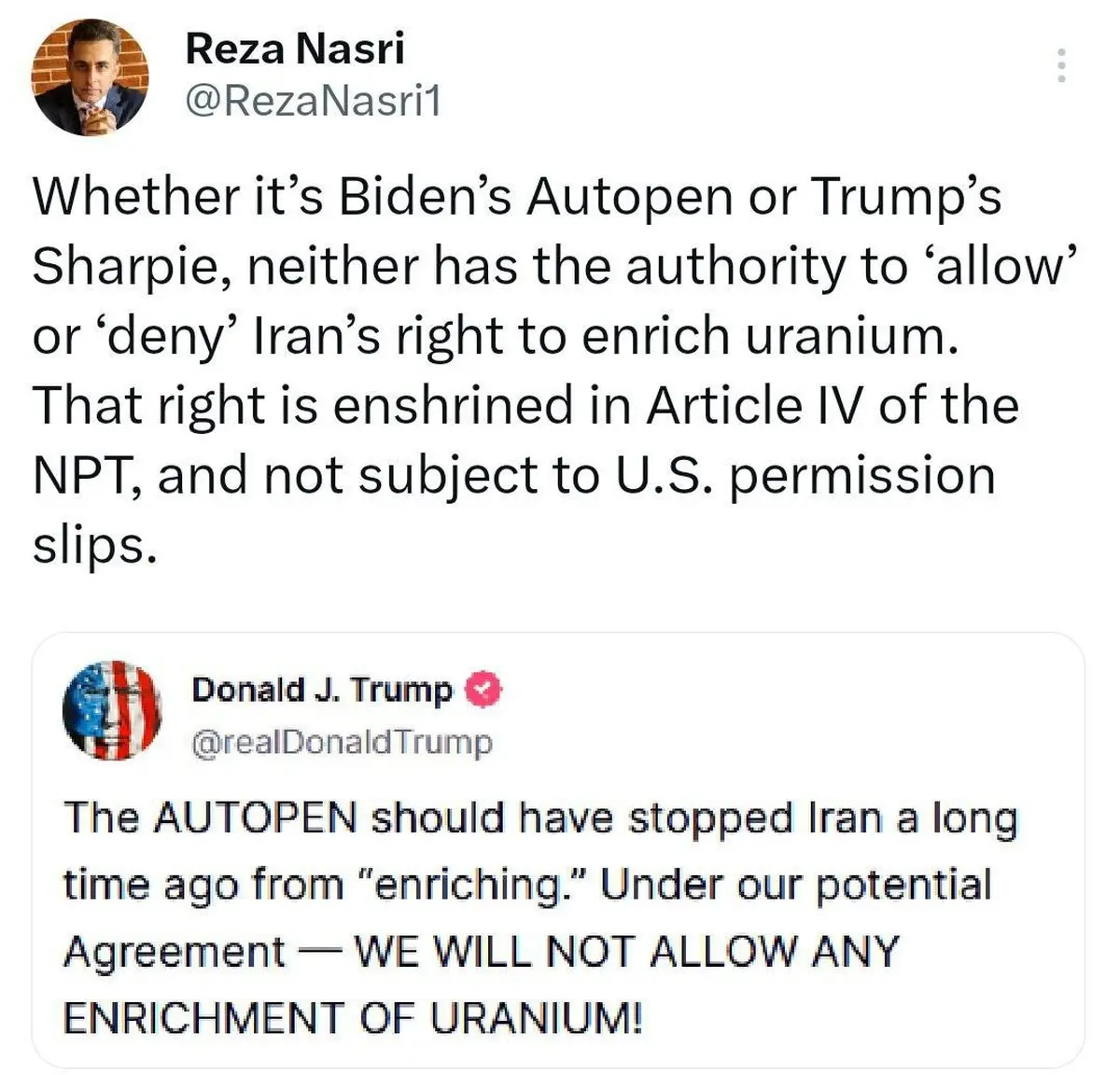 رضا نصری: آمریکا حق منع یا اجازه غنی‌سازی ندارند