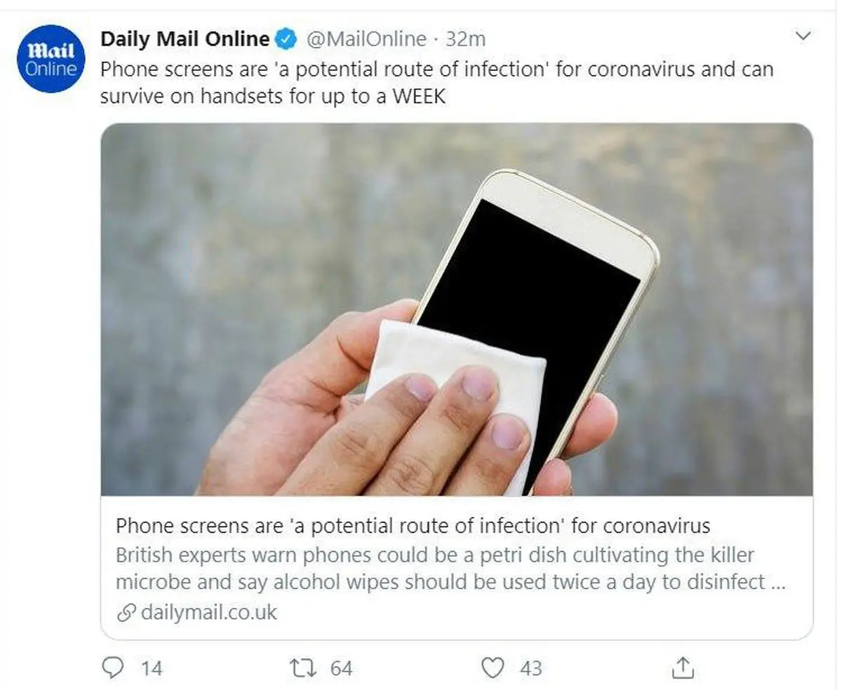 کروناویروس تا یک هفته روی موبایل زنده می‌ماند + توئیتر