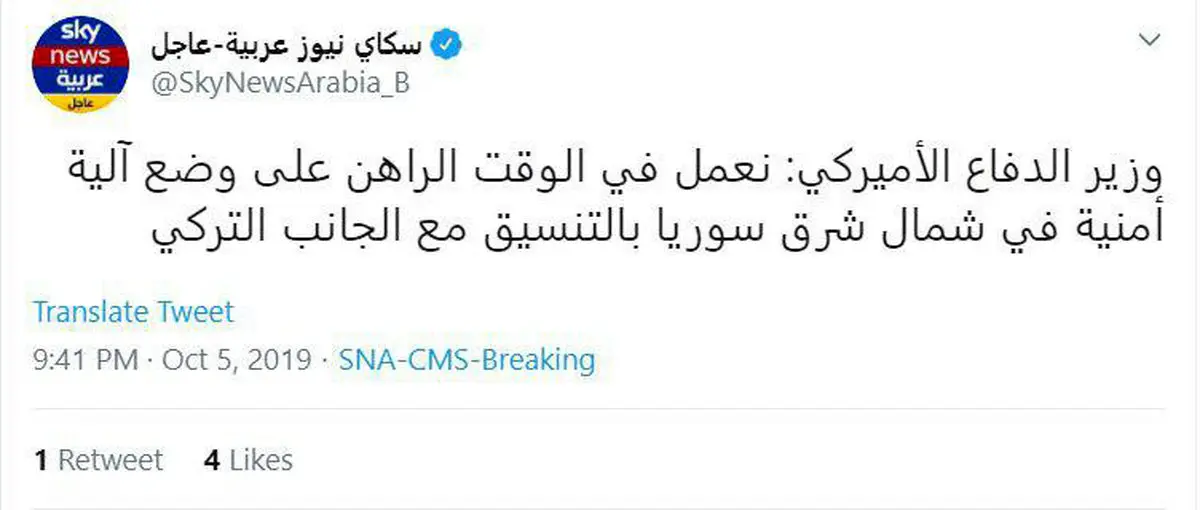 توئیتر / وزیر دفاع آمریکا: در حال کار روی یک مکانیزم امنیتی در شمال شرق سوریه هستیم