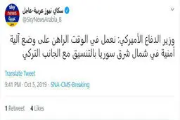 توئیتر / وزیر دفاع آمریکا: در حال کار روی یک مکانیزم امنیتی در شمال شرق سوریه هستیم