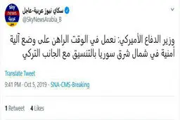 توئیتر / وزیر دفاع آمریکا: در حال کار روی یک مکانیزم امنیتی در شمال شرق سوریه هستیم