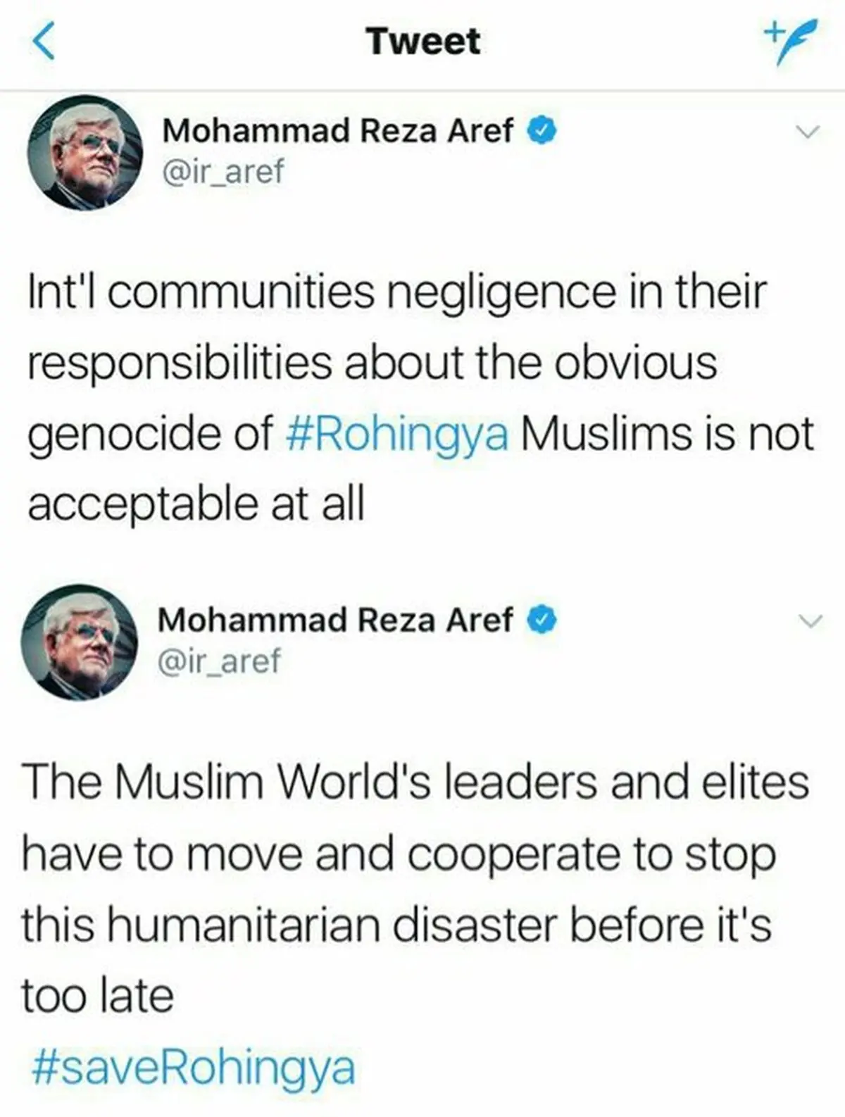 واکنش عارف به نسل کشی مسلمانان در میانمار
