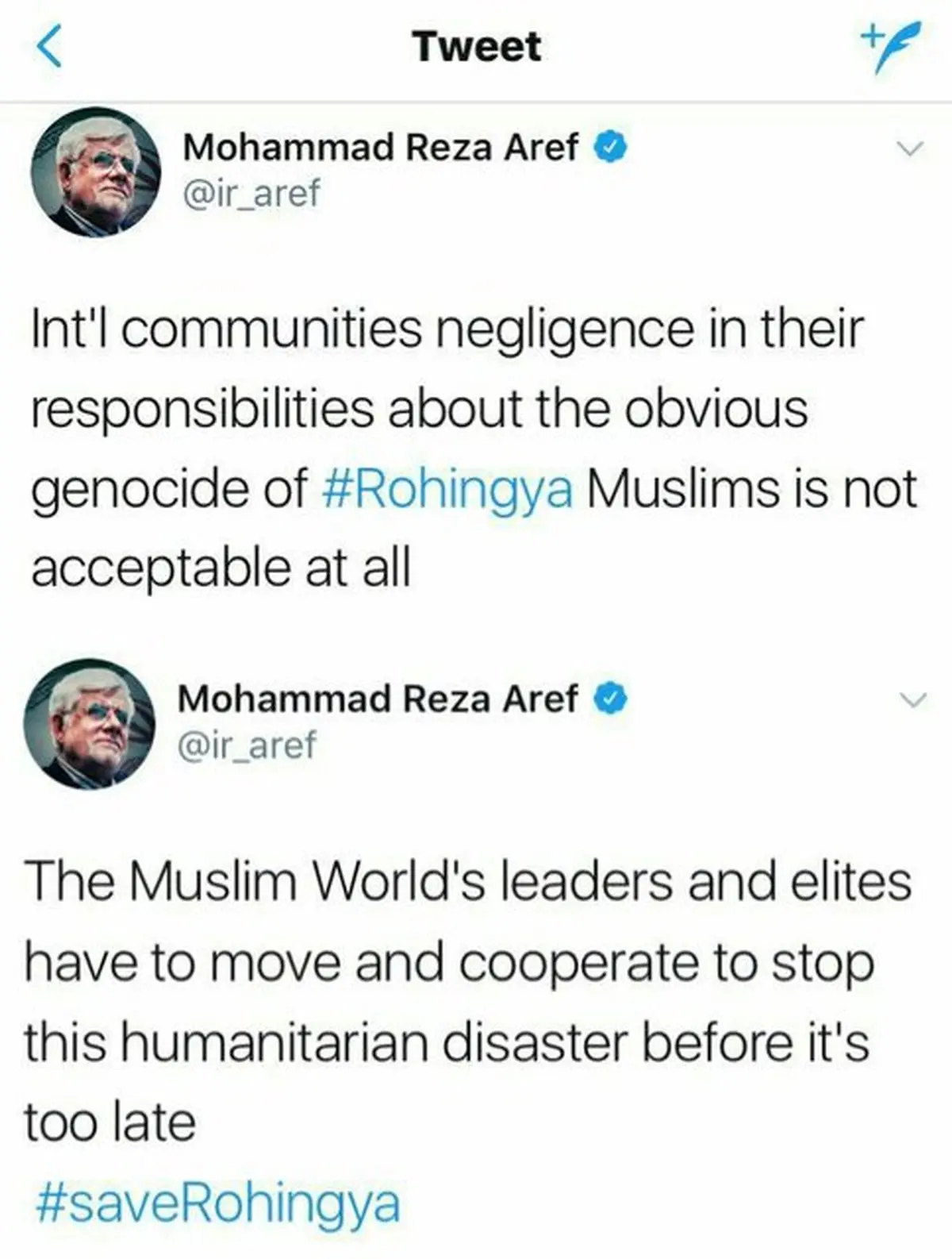 واکنش عارف به نسل کشی مسلمانان در میانمار