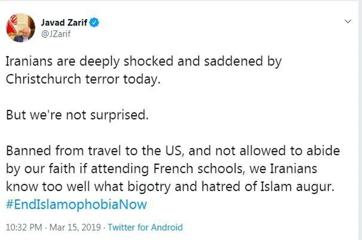 ظریف در واکنش به حمله تروریستی نیوزلند/عکس