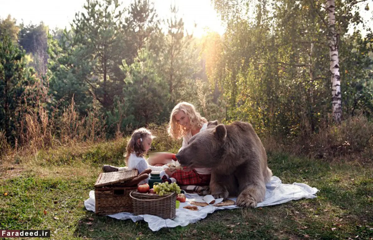 پیک‌نیک‌ مادر، دختر و خرس غول‌پیکر!/تصاویر