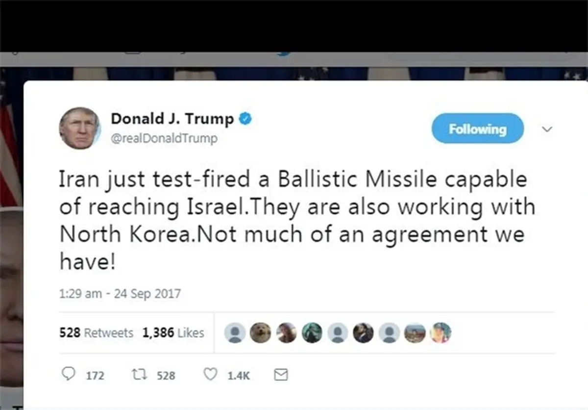واکنش توئیتری «ترامپ» به جدیدترین آزمایش موشکی ایران /موشک ایران قادر است به اسرائیل برسد /ایران با کره شمالی همکاری موشکی دارد