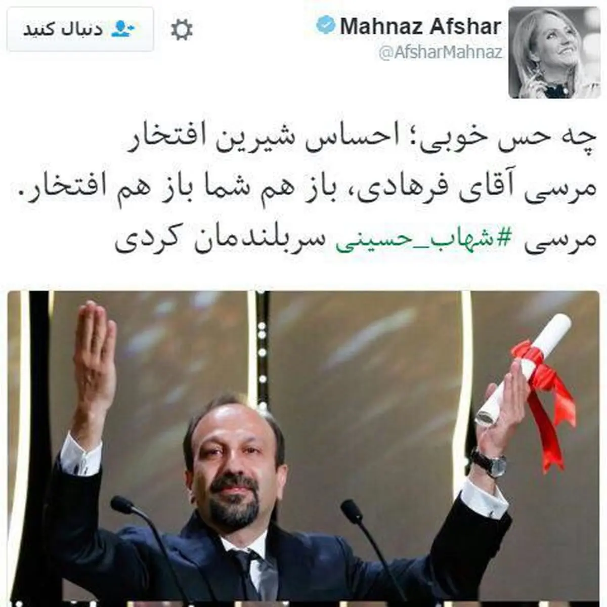 تبریک مهناز افشار به شهاب حسینی/ عکس