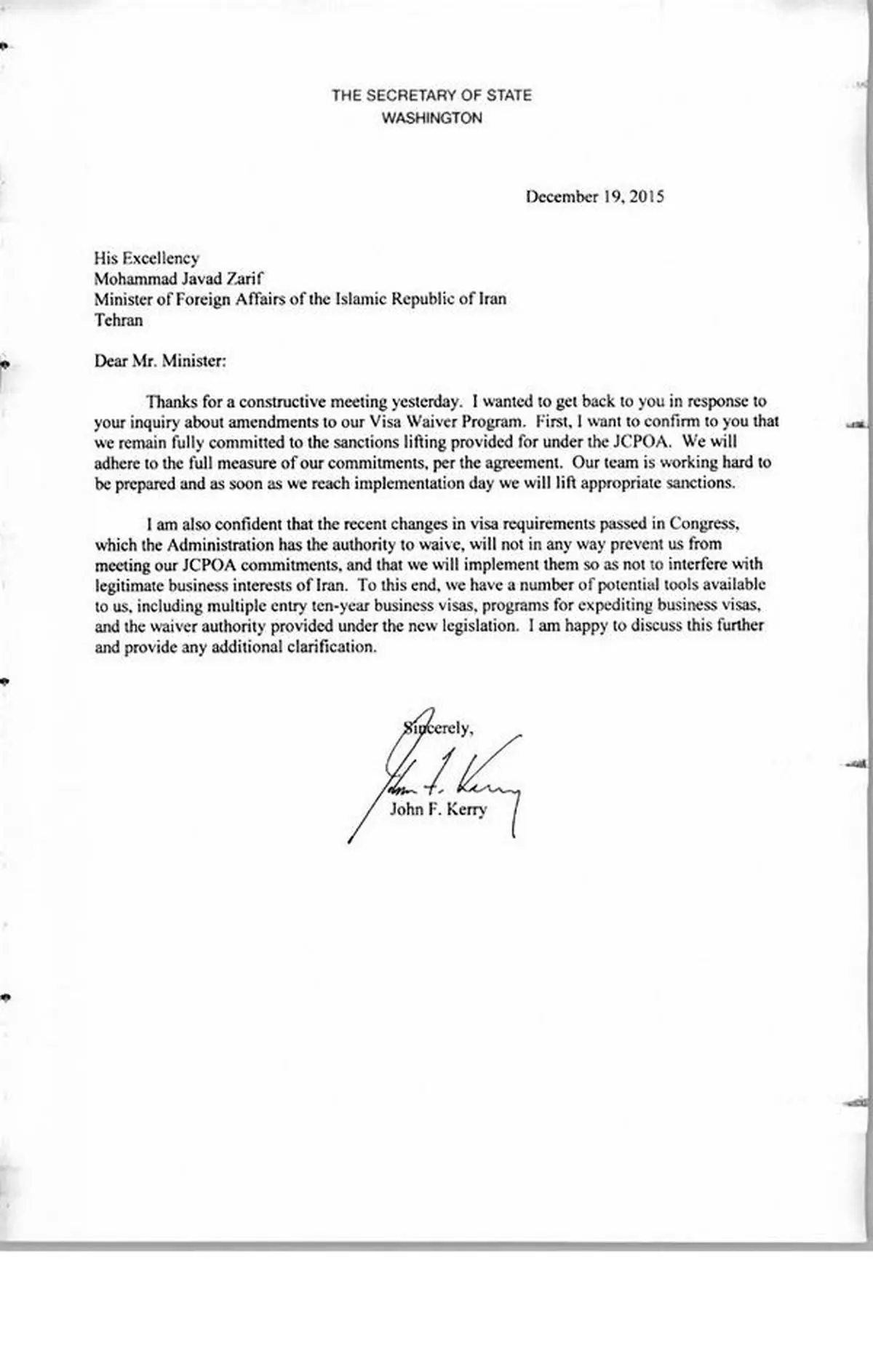 تصویر نامه جان کری به جواد ظریف