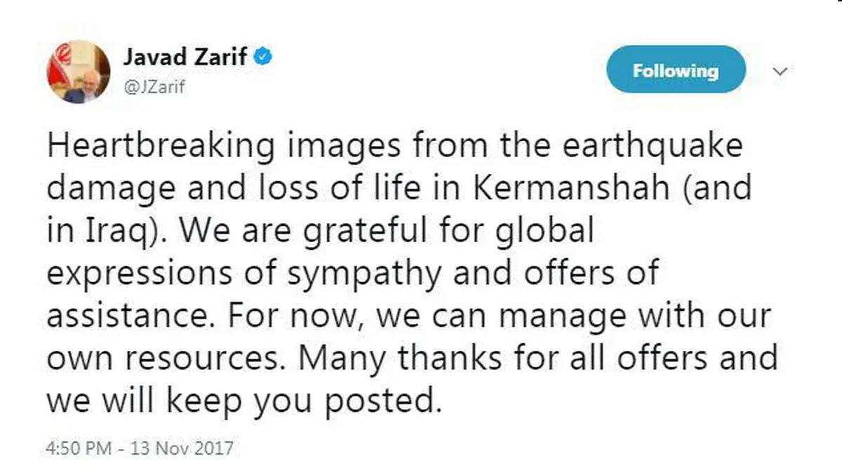ظریف: توانایی مدیریت بحران زلزله را با منابع داخلی داریم