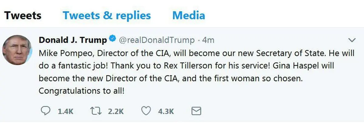 فوری / تیلرسون وزیر خارجه آمریکا برکنار شد /رییس سیا، وزیر خارجه جدید دولت ترامپ شد