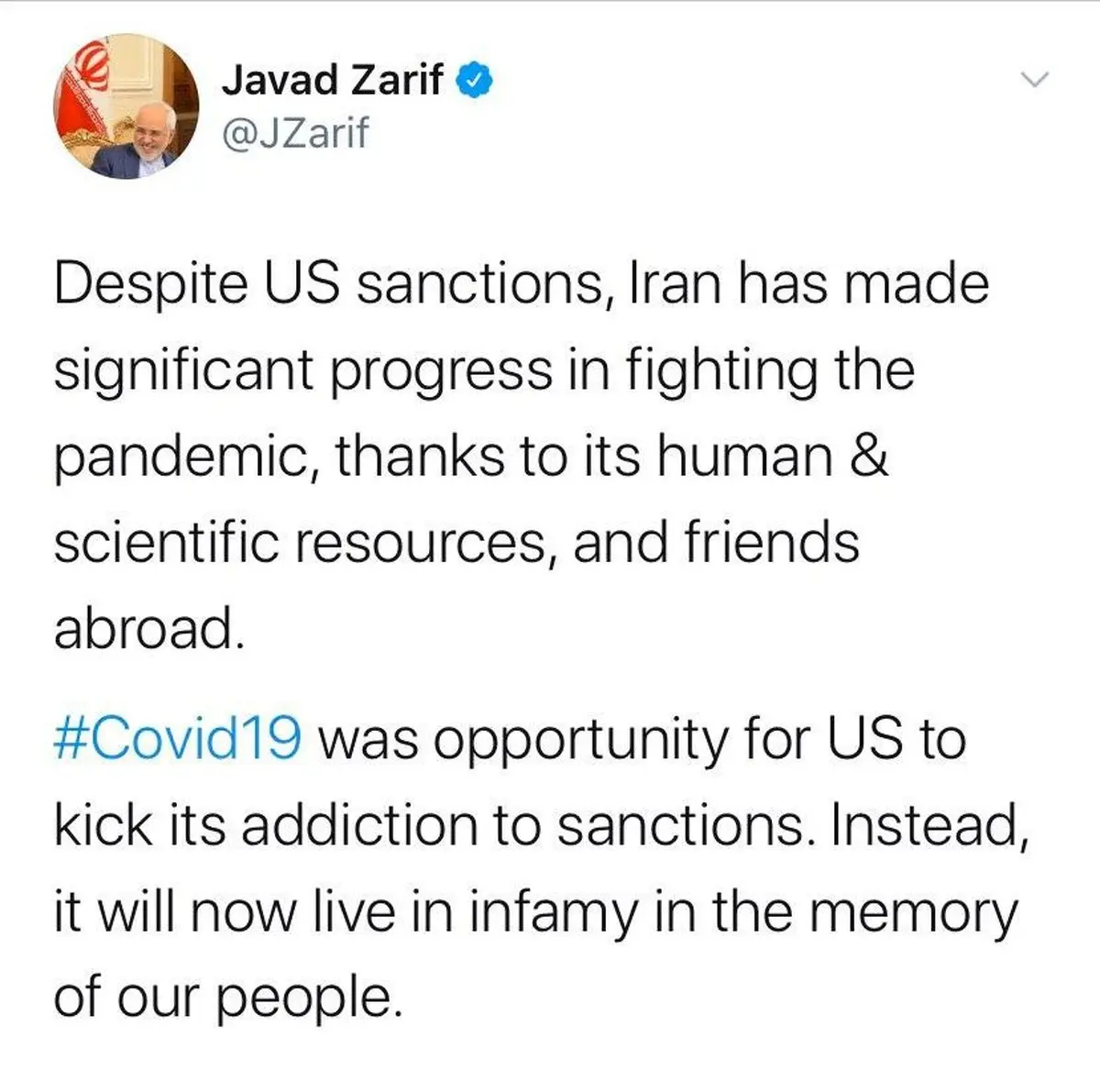 توئیت  جدید ظریف درباره فرصت کرونا برای آمریکا!