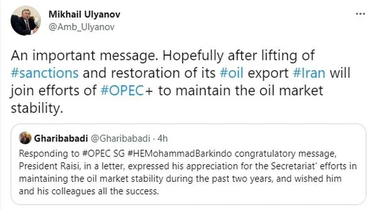 پاسخ توئیتری نماینده روسیه به سفیر ایران درباره نفت