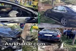 تصادف شاخ به شاخ بنز S۵۰۰ جدید با درخت در تهران