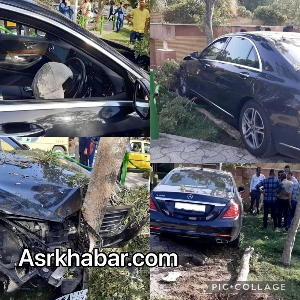 تصادف شاخ به شاخ بنز S۵۰۰ جدید با درخت در تهران