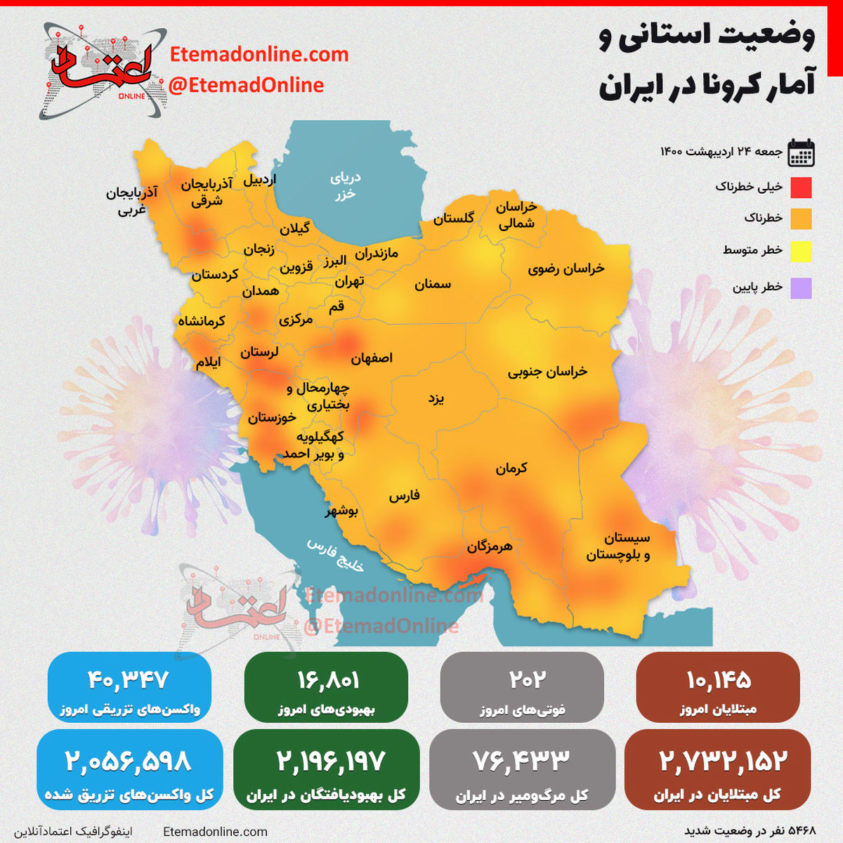 وضعیت استانی و آمار کرونا در ایران- ۲۴ اردیبهشت ۱۴۰۰