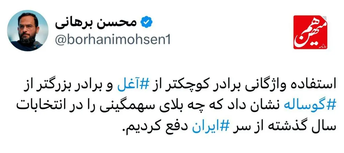 توئیت انتقاد تند برهانی به واژه‌های آغل و گوساله توسط برادران جلیلی